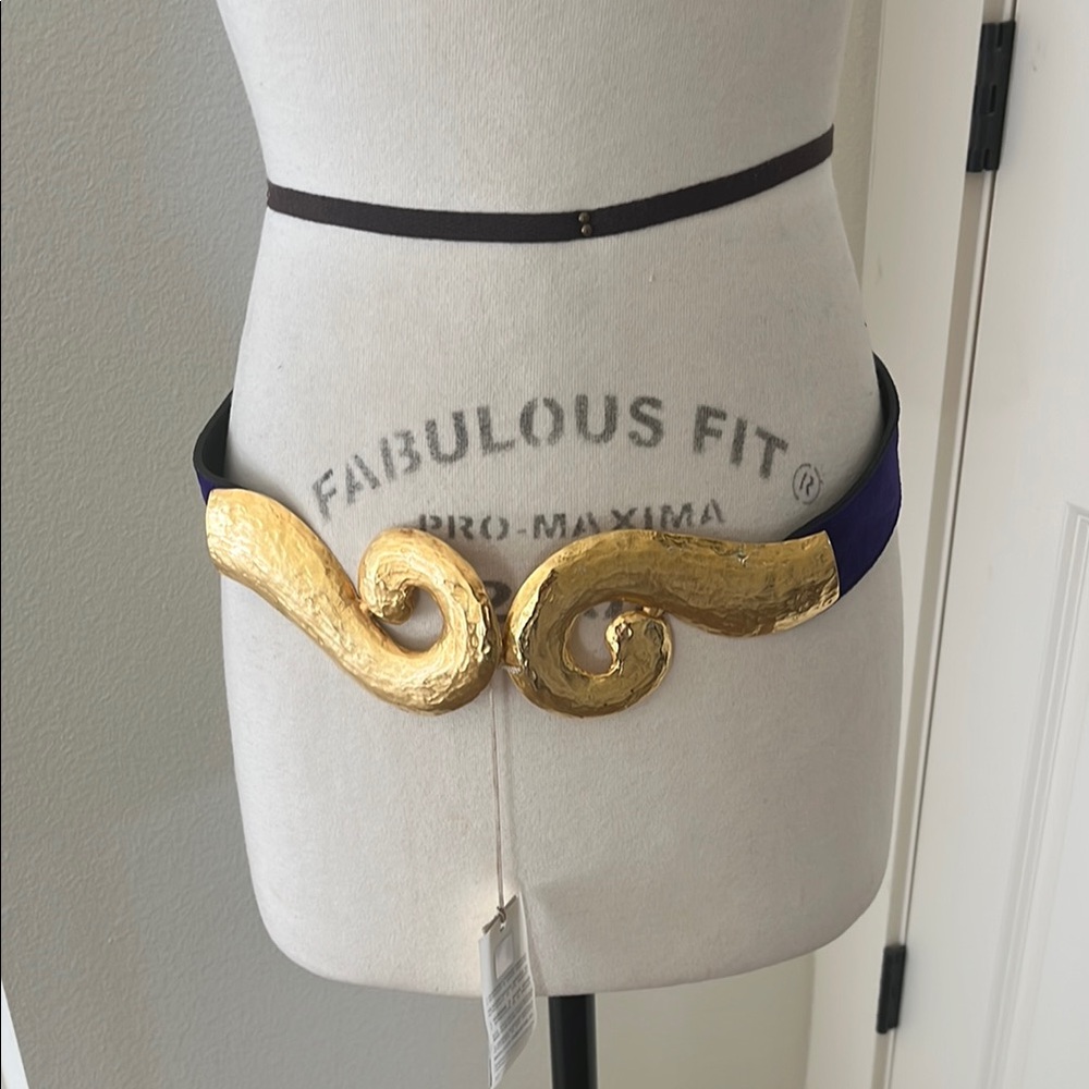 Roberto Cavalli Gold Sculptural Buckle with Purple Strap Belt